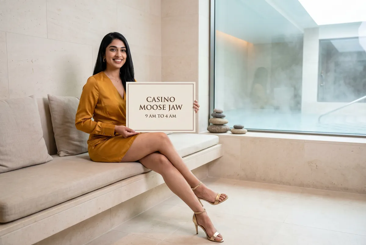 AI-generated picture of Meera Vasan, a character created for this guide: a young woman with long black hair in a mustard satin mini dress sits on a pale stone bench in a calm spa lounge, holding a cream card that reads Casino Moose Jaw, 9 AM to 4 AM; a misty indoor pool shows through the window beside her.