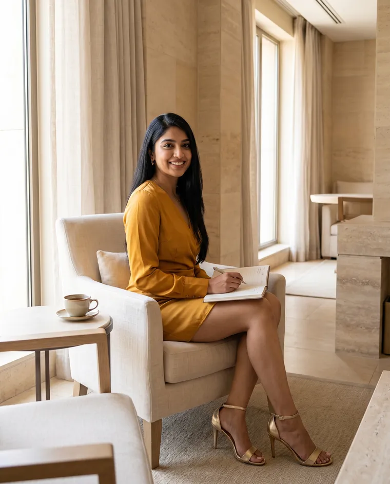 AI-generated picture of Meera Vasan, a character created for this guide, sitting in a linen armchair in a light hotel sitting room with a notebook on her knee and a cup of tea beside her.