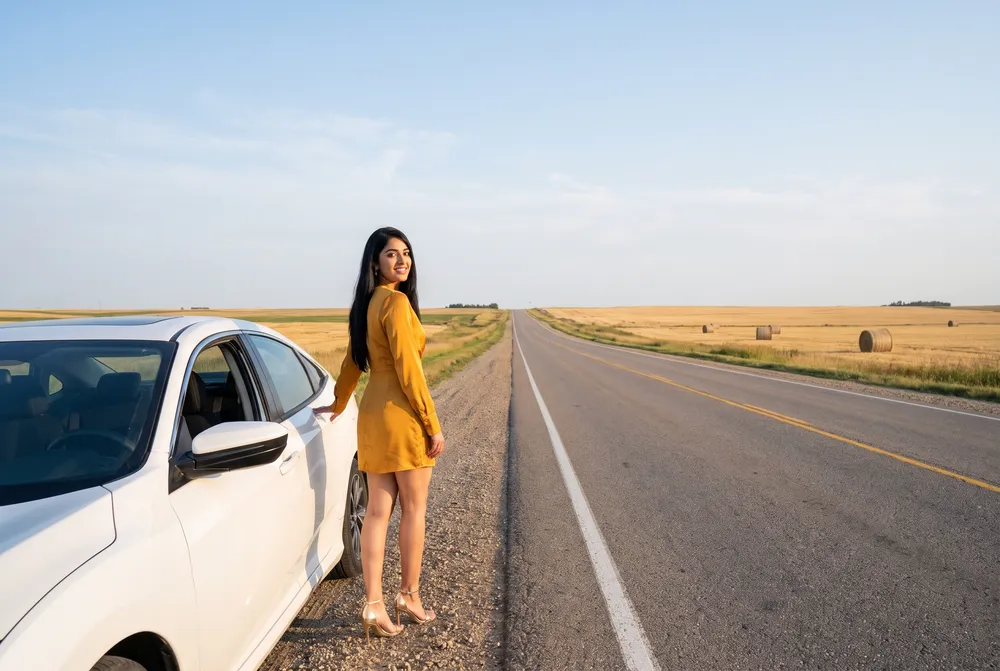 AI-generated picture of Meera Vasan beside a white car on the gravel shoulder of a straight prairie highway, wheat fields and hay bales under a wide sky.
